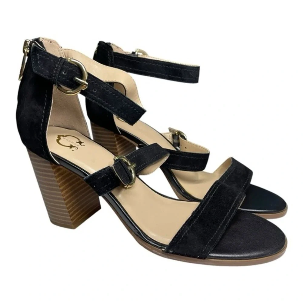 Wonder 9M Black Maya Block Heel Sandal Multi Strap Buckle‎ Gold Hardware Classic